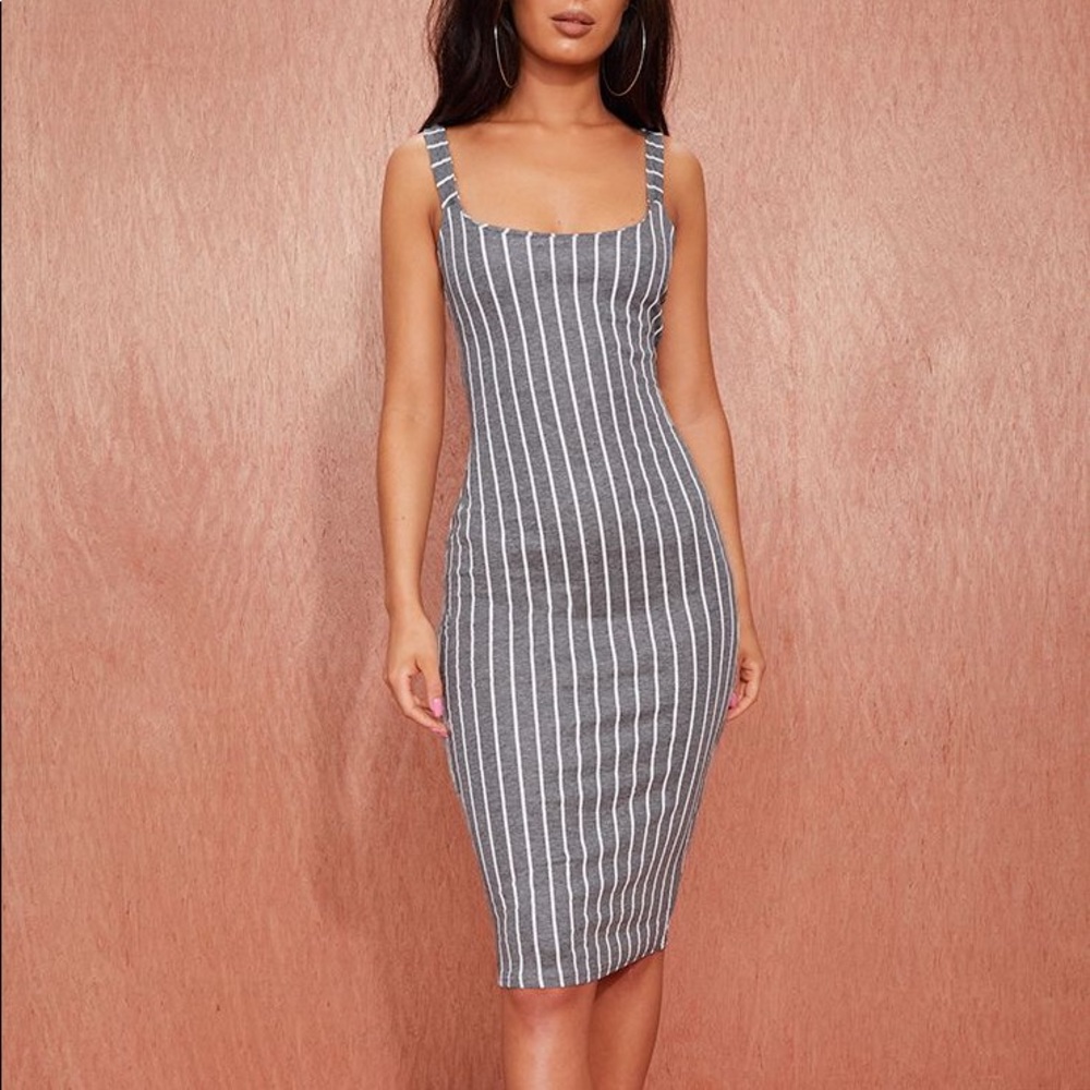 Grey Striped Midi Bodycon Dress